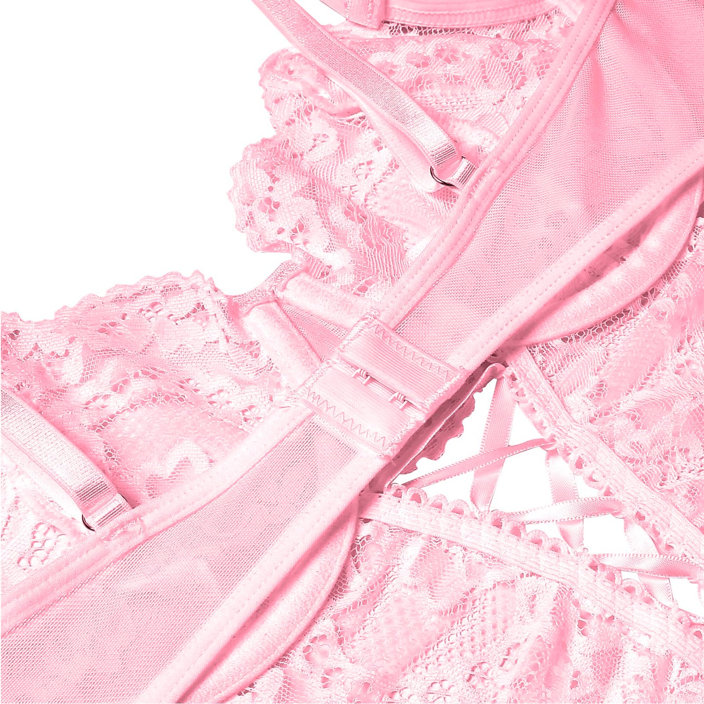 Donnalla Lingerie Sets for Women Sexy - Underwire Push Up Bodysuit with Bows, Side Cutout Lace Teddy Lingerie Pink