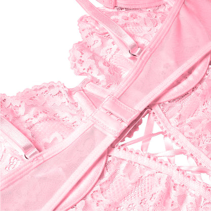 Donnalla Lingerie Sets for Women Sexy - Underwire Push Up Bodysuit with Bows, Side Cutout Lace Teddy Lingerie Pink