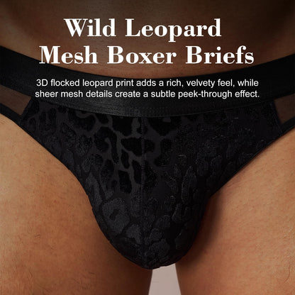 BSZN Men's Leopard Print Briefs, Black Velvet Flocked Mesh Underwear, Low Rise Slim Fit Sheer Briefs from Caged Beast Collection