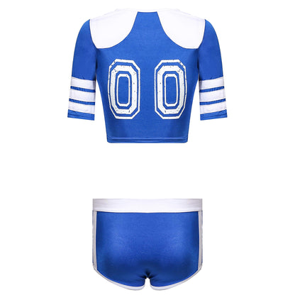 Women's Soccer Player Cheerleader Costume Short Sleeve Shirt Set Cheerleading Uniform for Party Cosplay Halloween,Blue