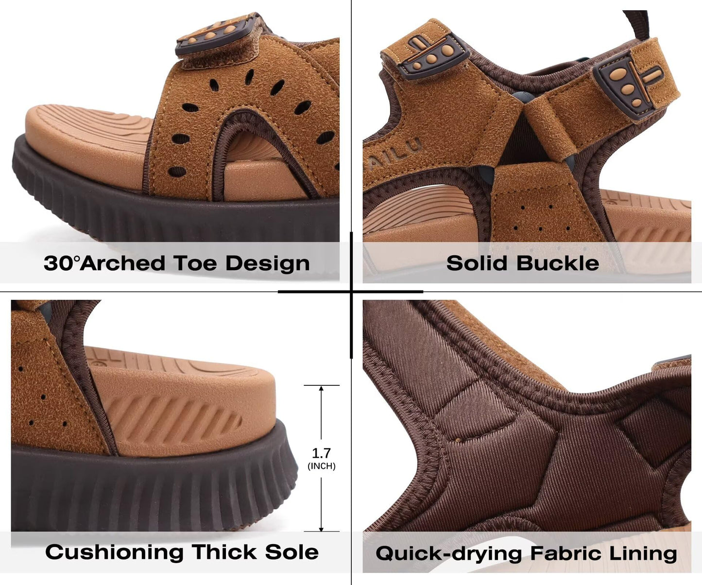 KuaiLu Mens Leather Hiking Sandals With Arch Support Orthopedic Sport Recovery Athletic Walking Sandals For Man Outdoor Summer Casual Thick Cushion Beach Water Fisherman Sandal, size 9 Khaki Brown