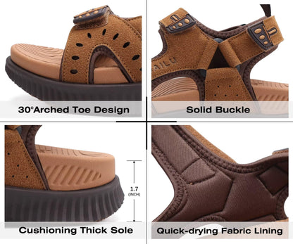 KuaiLu Mens Leather Hiking Sandals With Arch Support Orthopedic Sport Recovery Athletic Walking Sandals For Man Outdoor Summer Casual Thick Cushion Beach Water Fisherman Sandal, size 9 Khaki Brown