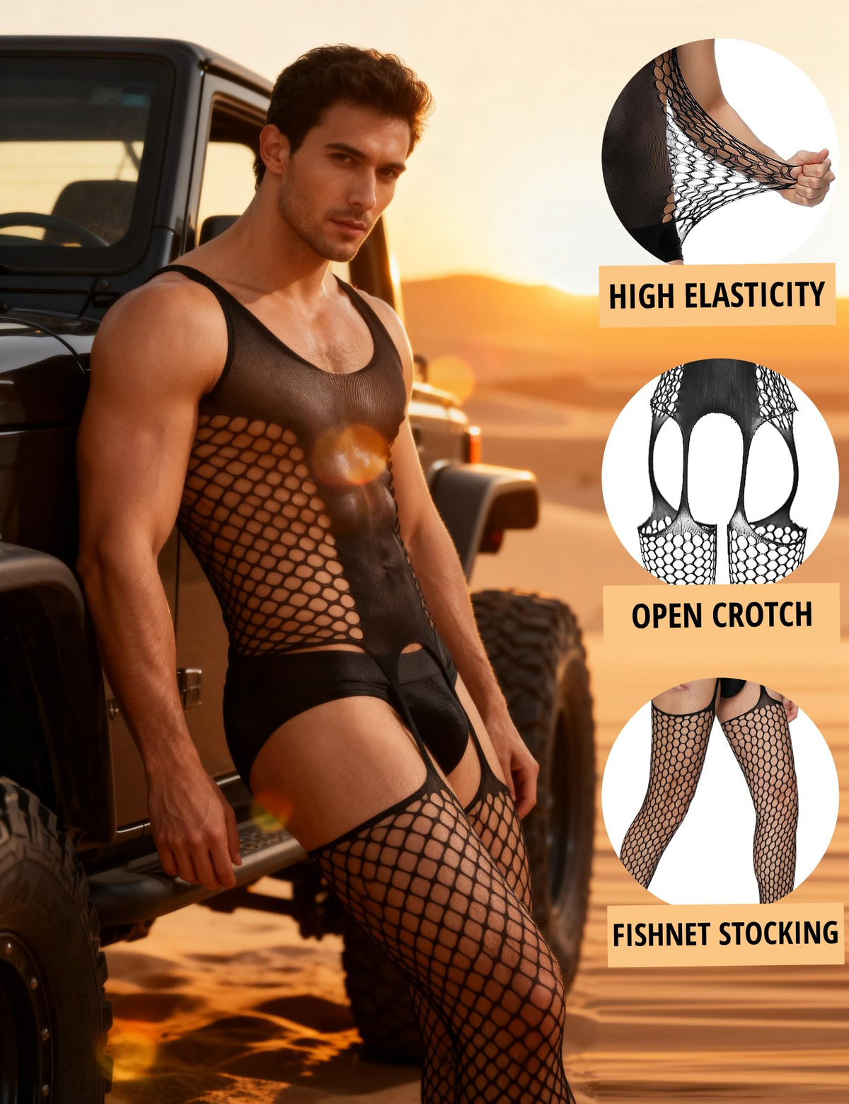 Men's Fishnet Bodysuit One Piece Mesh Bodystocking Lingerie (black,XS-M)