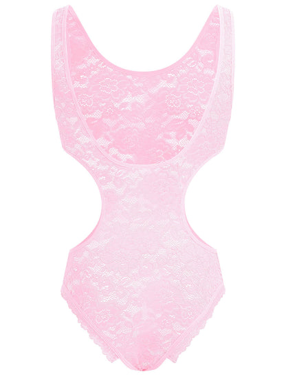 Men's Sissy Lace Bodysuit -l Sheer  Crossdress Lingerie Pink