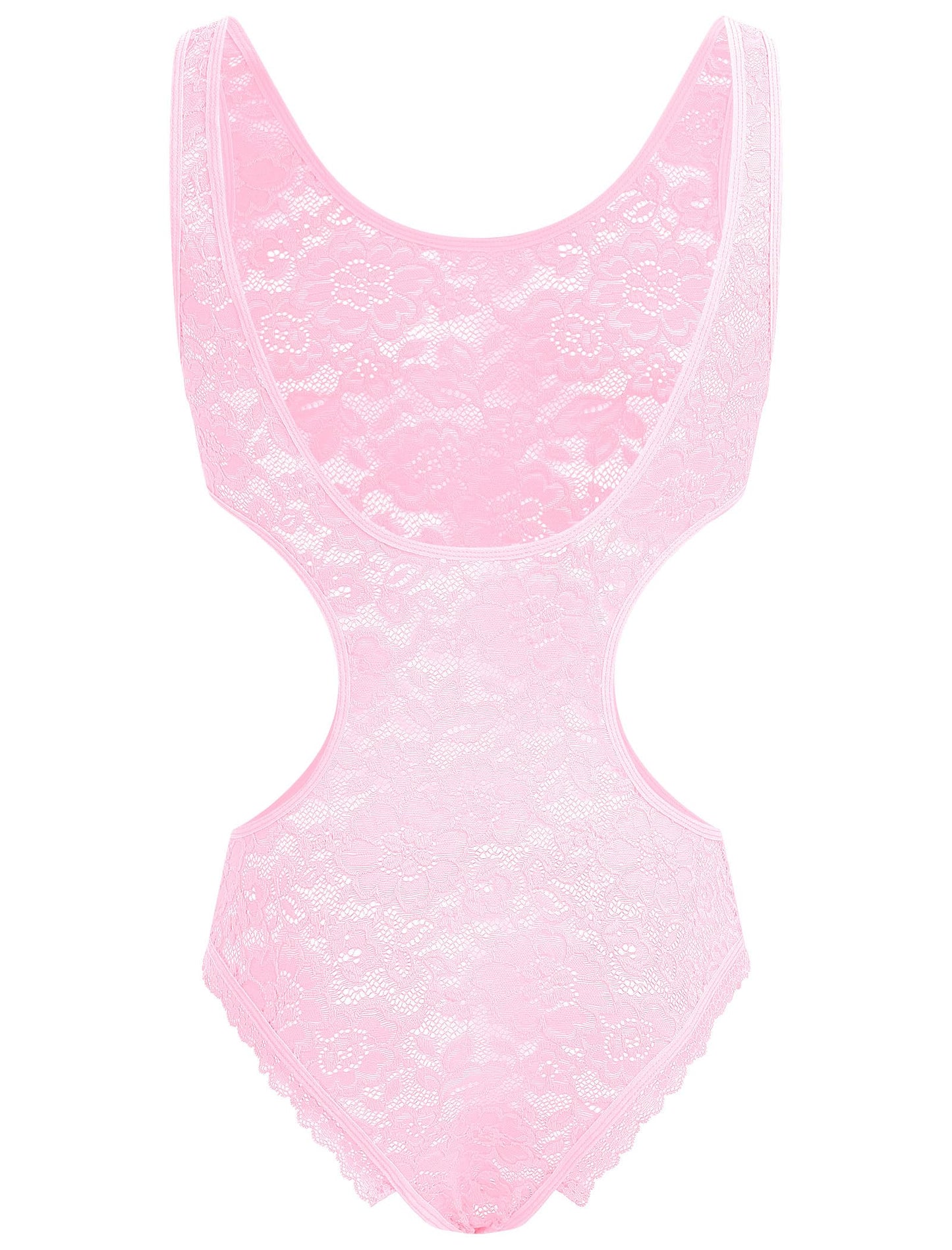 Men's Sissy Lace Bodysuit Floral Sheer See Through Sleeveless Cutout Leotard Crossdress Lingerie Pink XX-Large