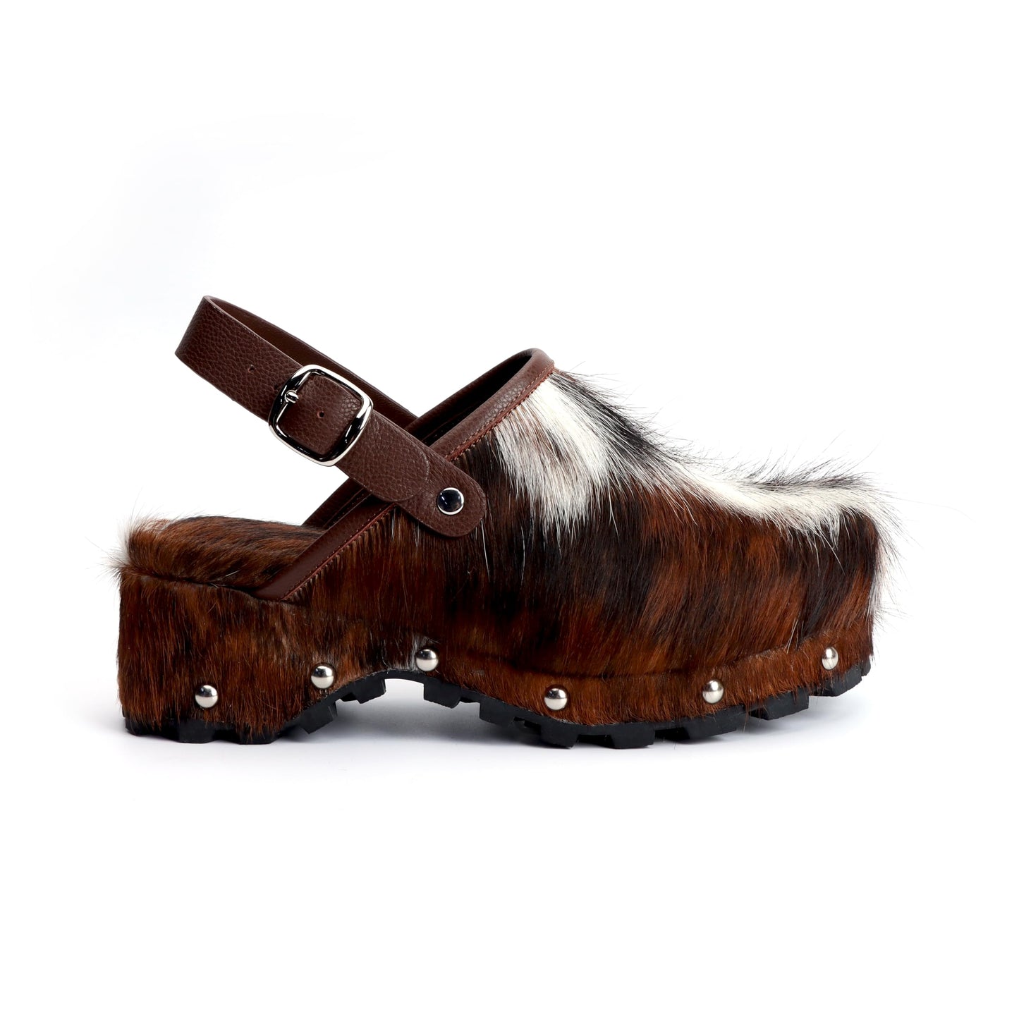 XOBZJH Women's Luxury Natural Cowhide Hair Platform Clogs – Western Retro Slip-On Mules with Zipper and Adjustable Buckle Strap – Handmade Rustic Cow Bone Back Hair Shoes with Arch Support