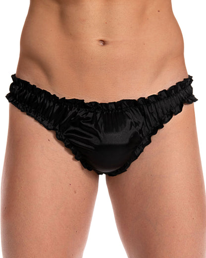 Satini Men's Satin Ruffle Sissy Tanga Panties Black,