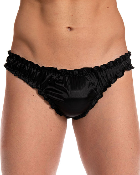 Satini Men's Satin Ruffle Sissy Tanga Panties Black,