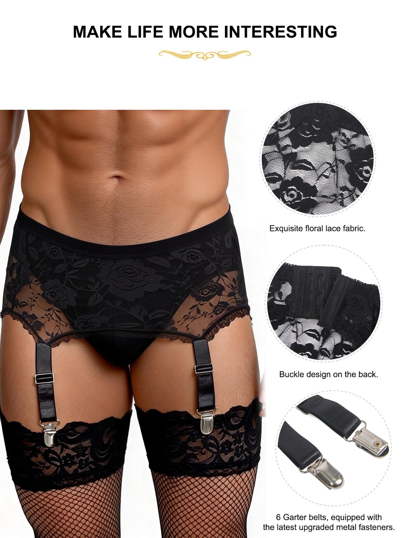 Men's 6-Strap High-Waist Black Lace Garter Belt with Metal Clamps Adjustable Suspenders Garter Belts for Thigh Highs, M
