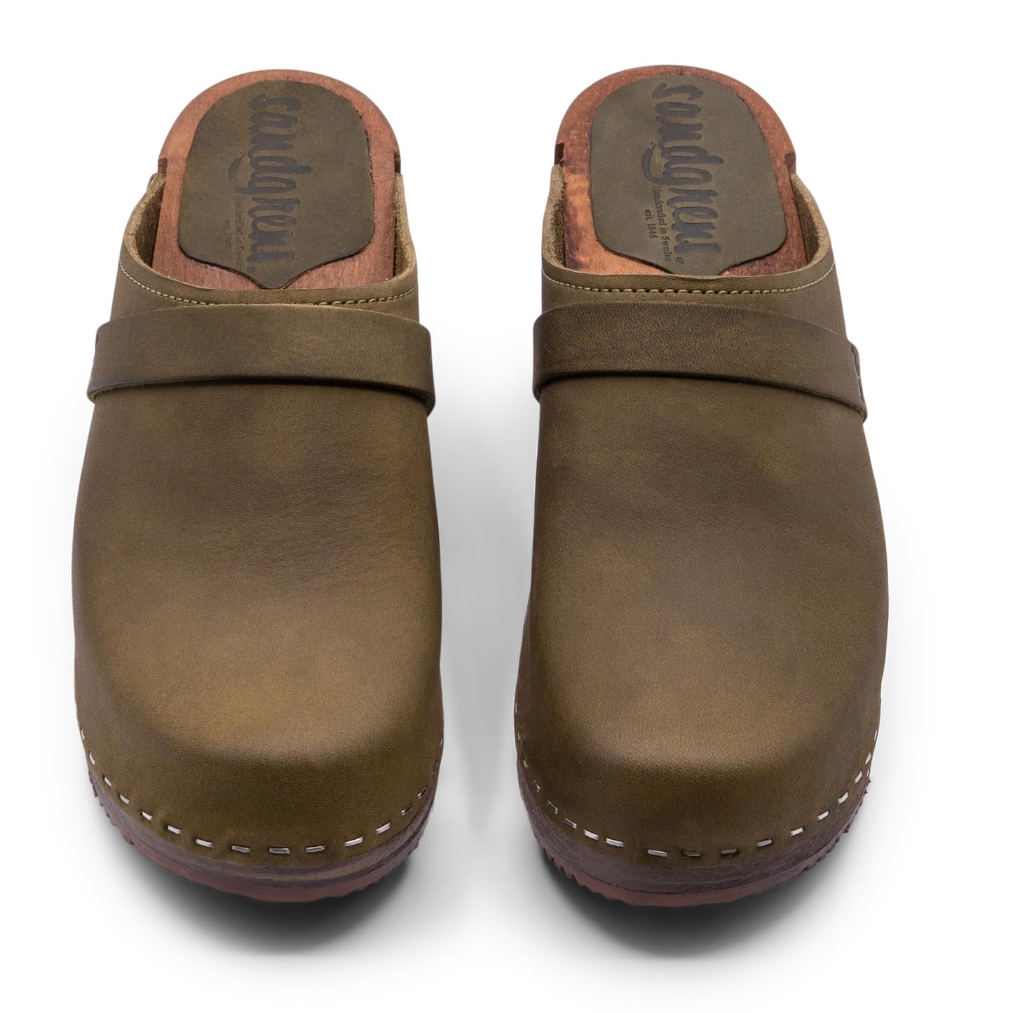 Sandgrens Handmade Swedish Wood Clogs for Women, High Heel Mule US 11 | Dublin Olive Nubuck DK, EU 42