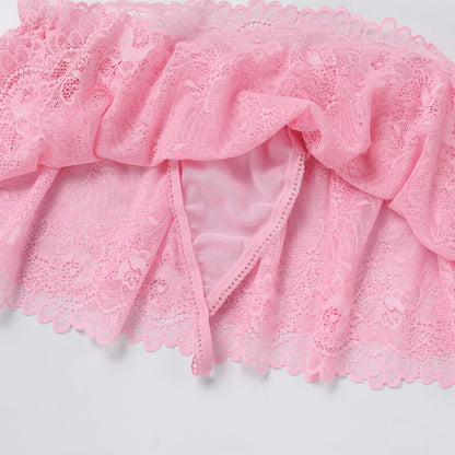 ABAFIP Men's Lace Lingerie Crossdressing Sissy Skirted Panties Low Waist Mesh Sheer G-string Thong Bikini Briefs Underwear Pink Large