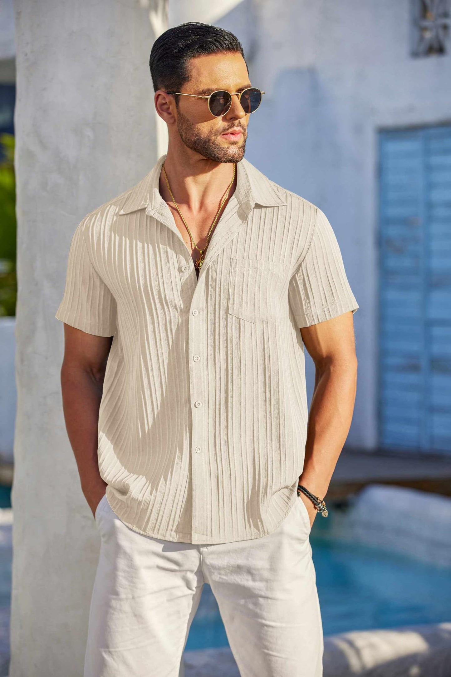 COOFANDY Men's Summer Linen Shirts Short Sleeve Button Down Shirts for Men Fashion Beach Casual Shirt Beige