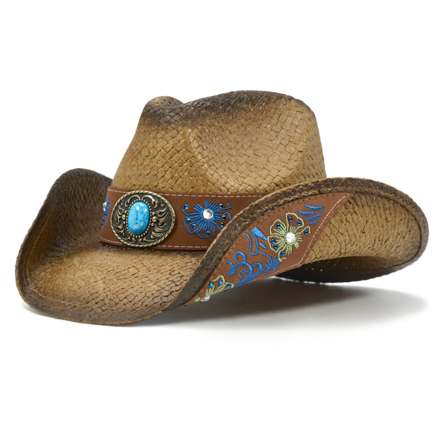 FLUFFY SENSE. Cowboy Hats for Women and Men Straw Western Hat Embroidered Cowboy Hat for Cowboys and Cowgirls (US, Alpha, Medium, Large, Brown)