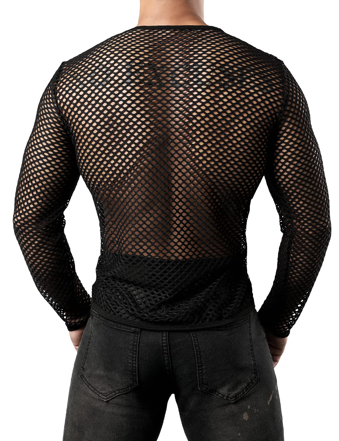 Gay Men's Mesh Fishnet Fitted Long Sleeve  Black