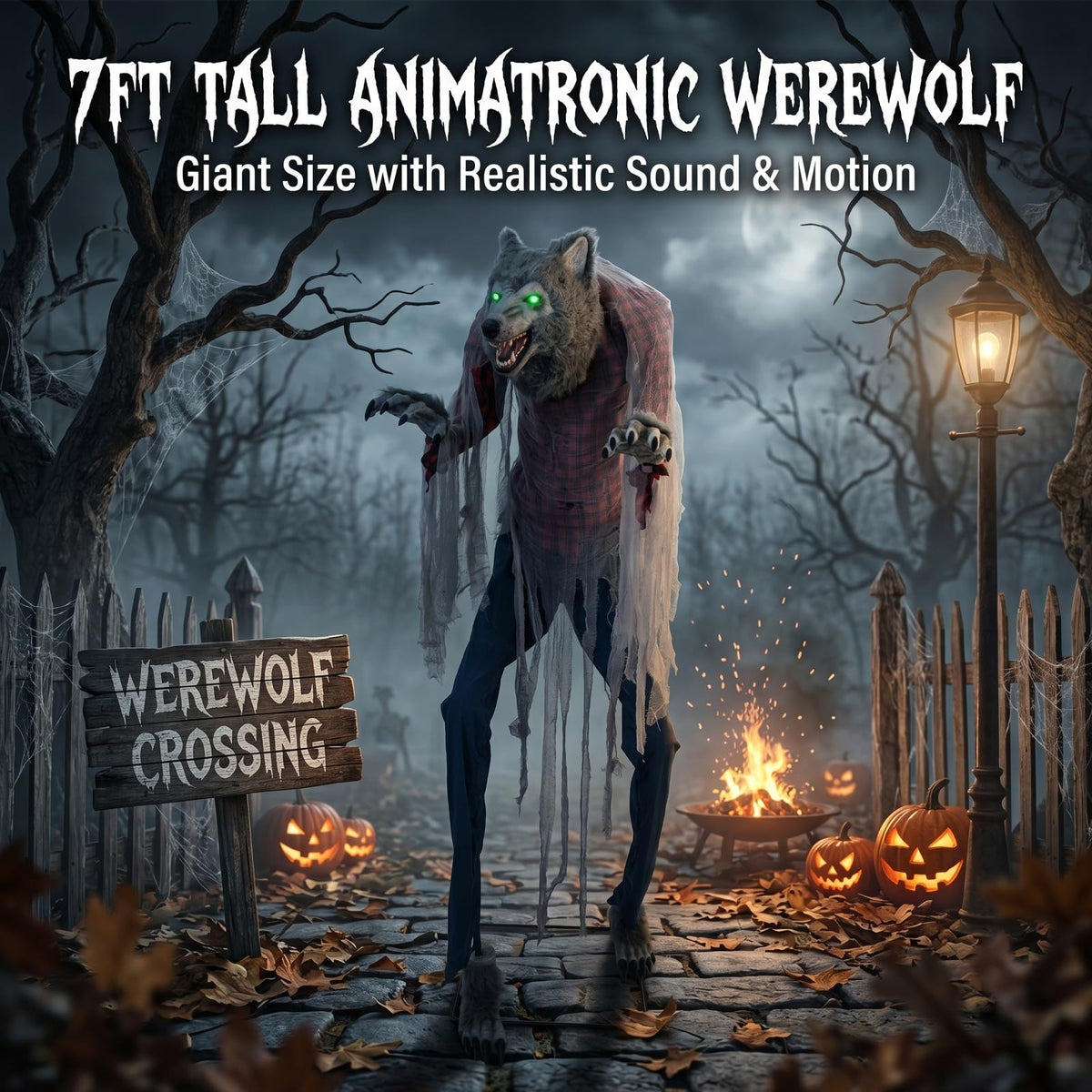 7FT Animated Halloween Werewolf Decoration - Sound Activated Werewolf Animatronic Outdoor with Motion, Lights and Sound, Scary Wolf in Red Plaid Shirt and Jeans, for Yard Porch Haunted House