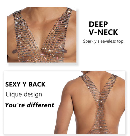 Mens Sexy Rhinestones Fishnet Tank Top, Deep V Neck Sparkly Sleeveless Muscle Shirt For Club Party (US, Alpha, One Size, Regular, Regular, Black)