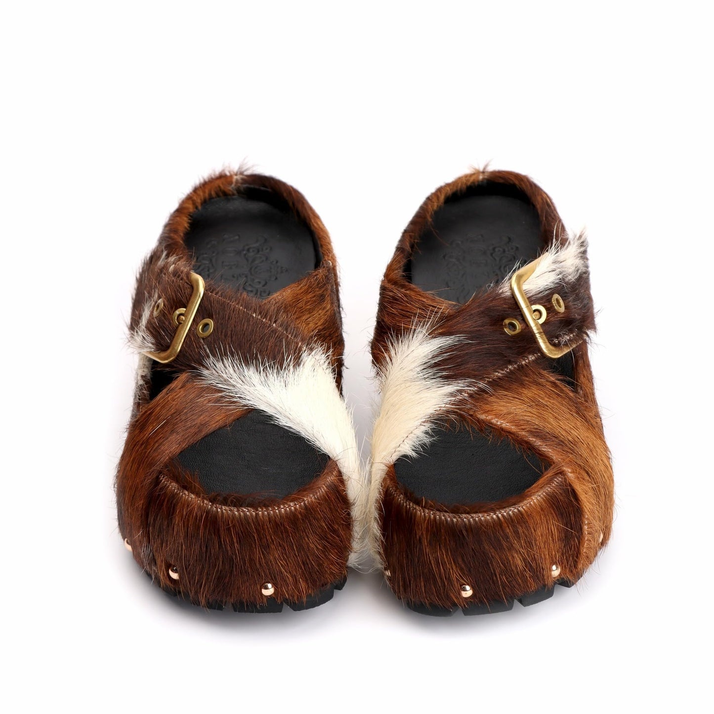 XOBZJH Women's Chunky Cowhide Platform Clogs – Long Hair Calf Fur & Western Mules Slide with Buckle & Rivets, Arch Support, Memory Foam Insole, All-Day Comfort