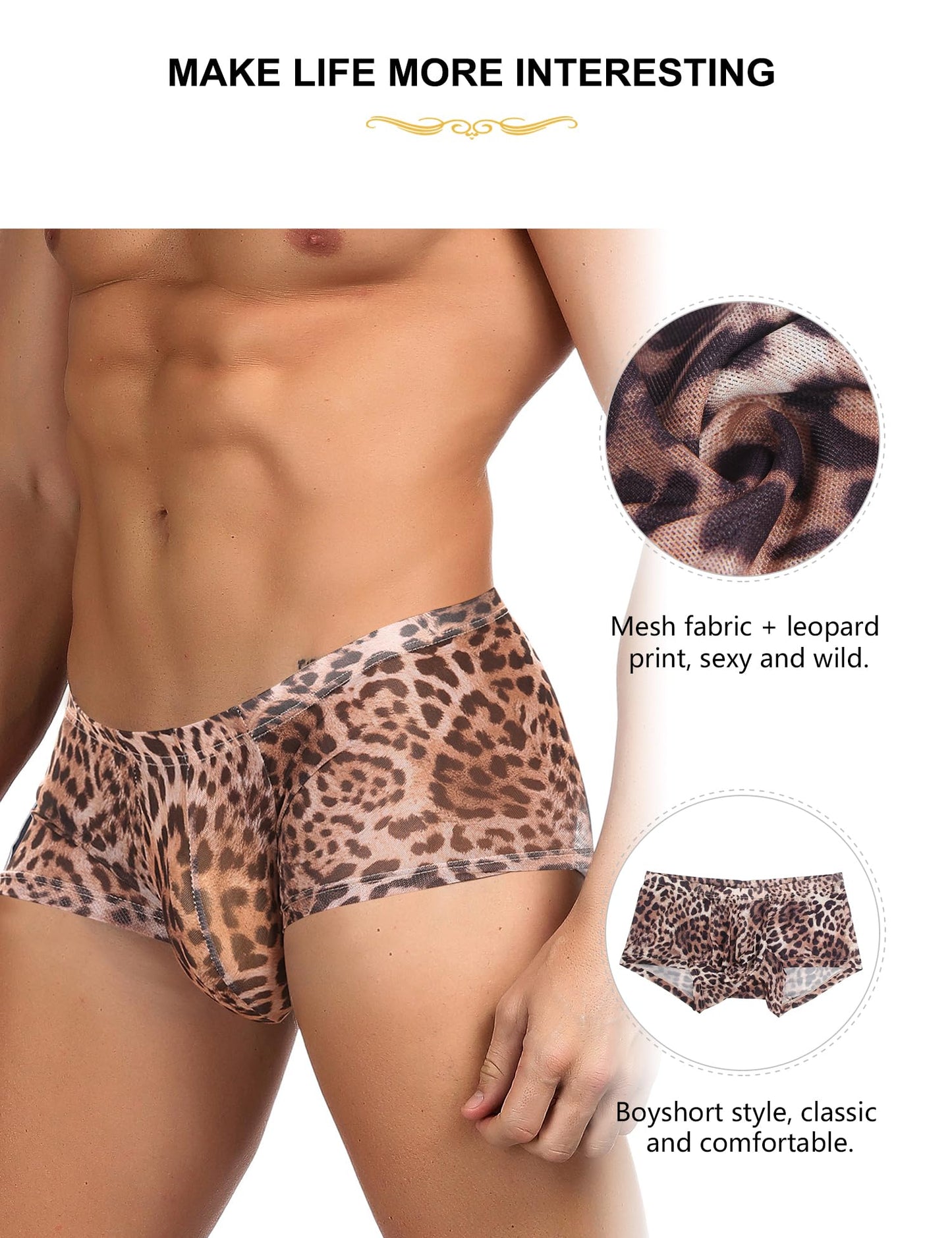 Men's Low-Rise Boxer Briefs with Pouch - Leopard Print Mesh Underwear, High Elasticity, Underwear for Cub Wesr