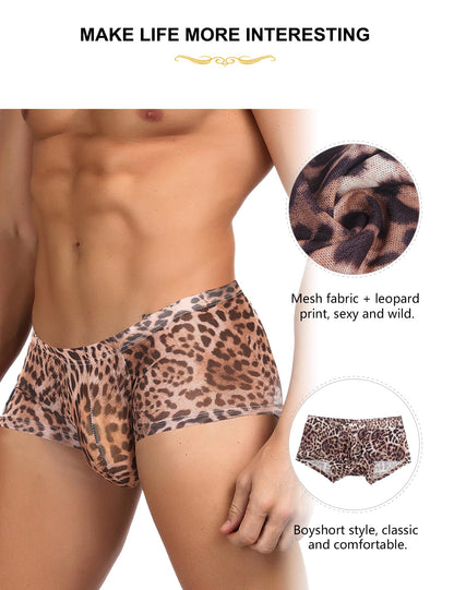 Men's Low-Rise Boxer Briefs with Pouch - Leopard Print Mesh Underwear, High Elasticity, Underwear for Cub Wesr