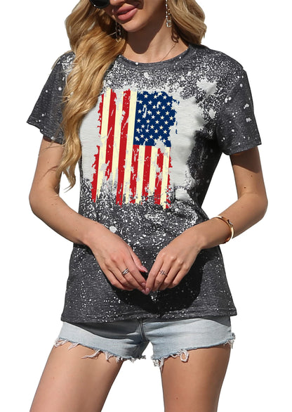 American Flag Shirt Women Patriotic Shirt Vintage USA Flag Bleached T-Shirt Short Sleeve 4th of July Tee Tops (Dark Grey-2, X-Large)