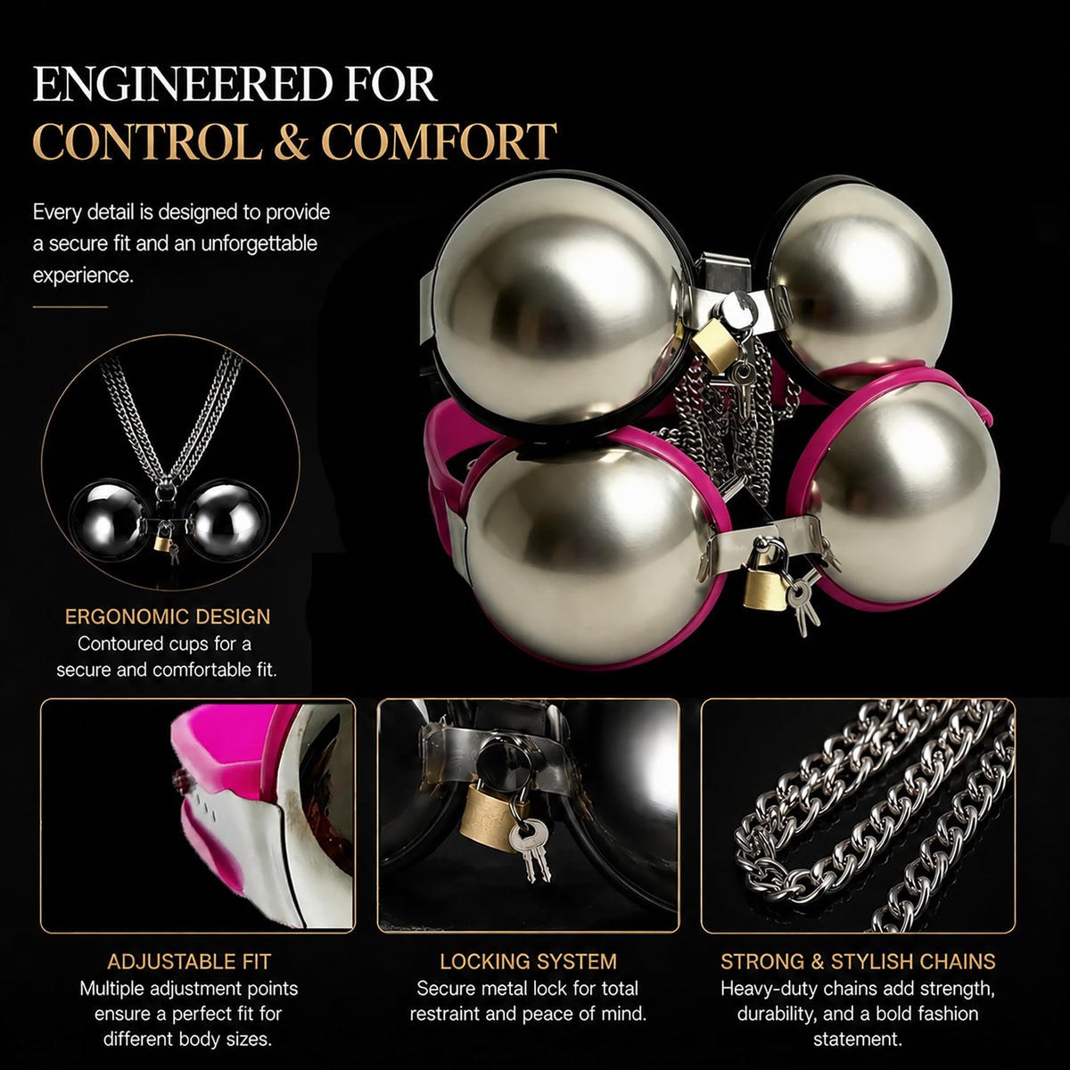 Female Chastity Device Bra Stainless Steel Adjustable BDSM Slave Metal Lockable Underwear Chain Bondage Game Erotic Slave Fetish Sex Toy (Pink)
