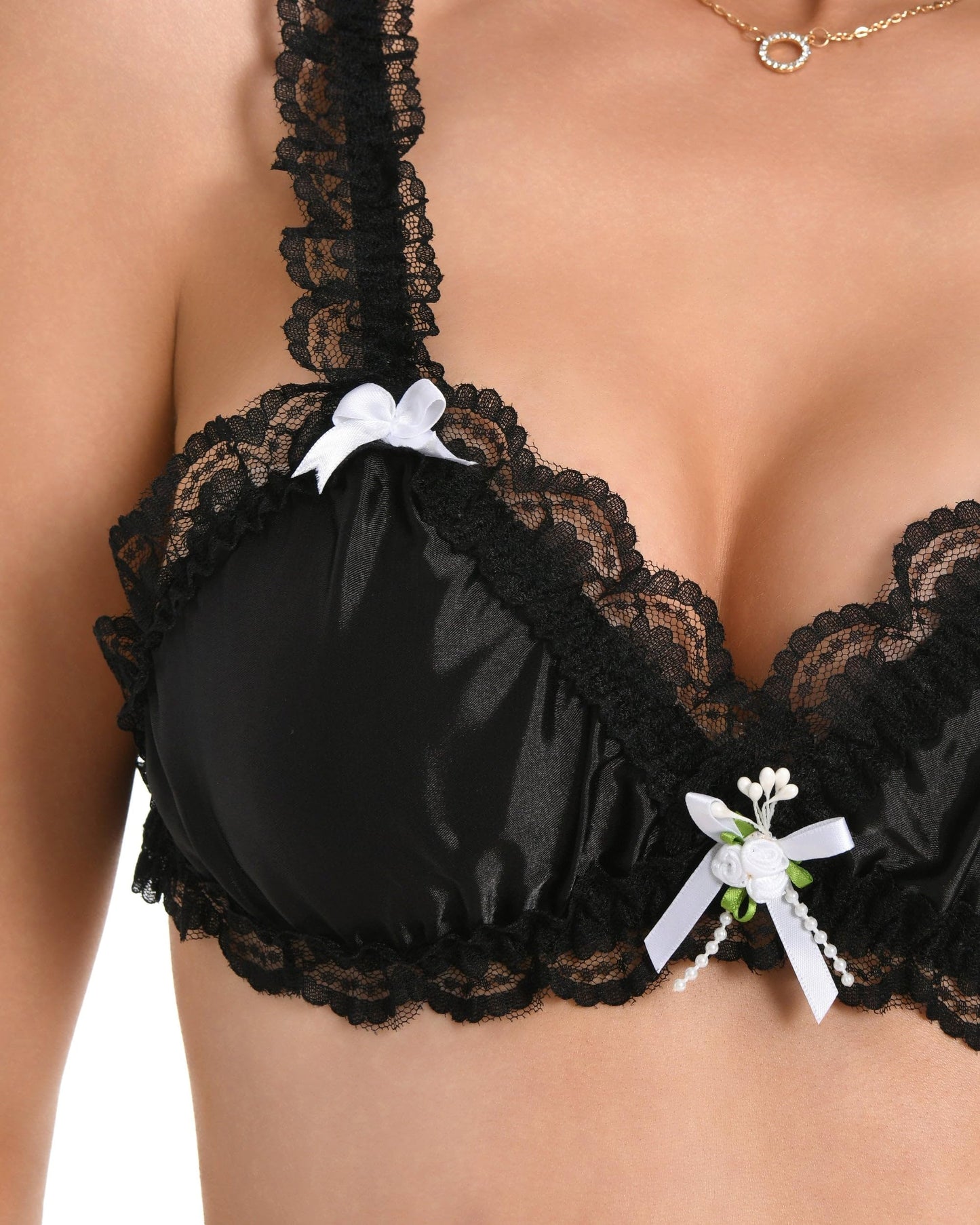 Satini Sissy Frilly Lace Fitted Satin Bralette (Black, XL)