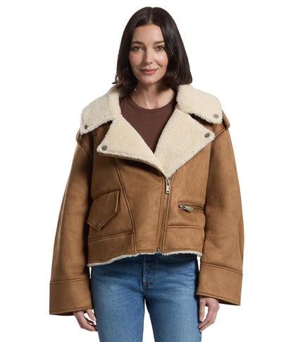 UGG Women's Finnian Luxefluff Moto Jacket Coat, Chestnut, L