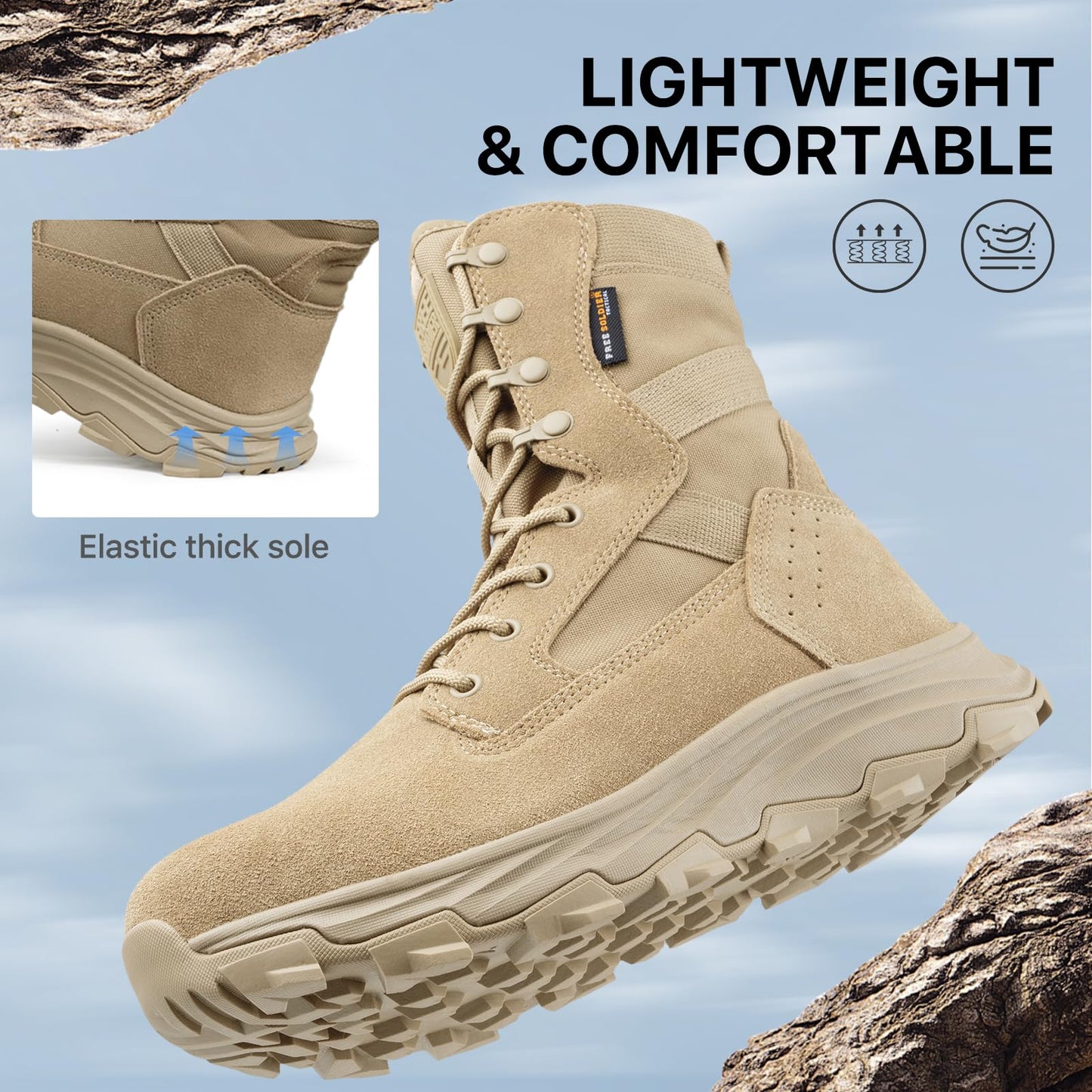 FREE SOLDIER Men's Tactical Boots 8 Inches Military Lightweight Durable Hiking Motorcycle Combat Boots(Bright Tan,10.5)