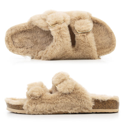 Womens Open Toe Slippers,Faux Rabbit Fur Cork Slides Sandals