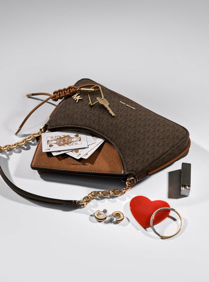 Michael Kors Nolita Medium Chain Pochette Bag, Silver-Tone Hardware/Nubuck Leather/Luggage