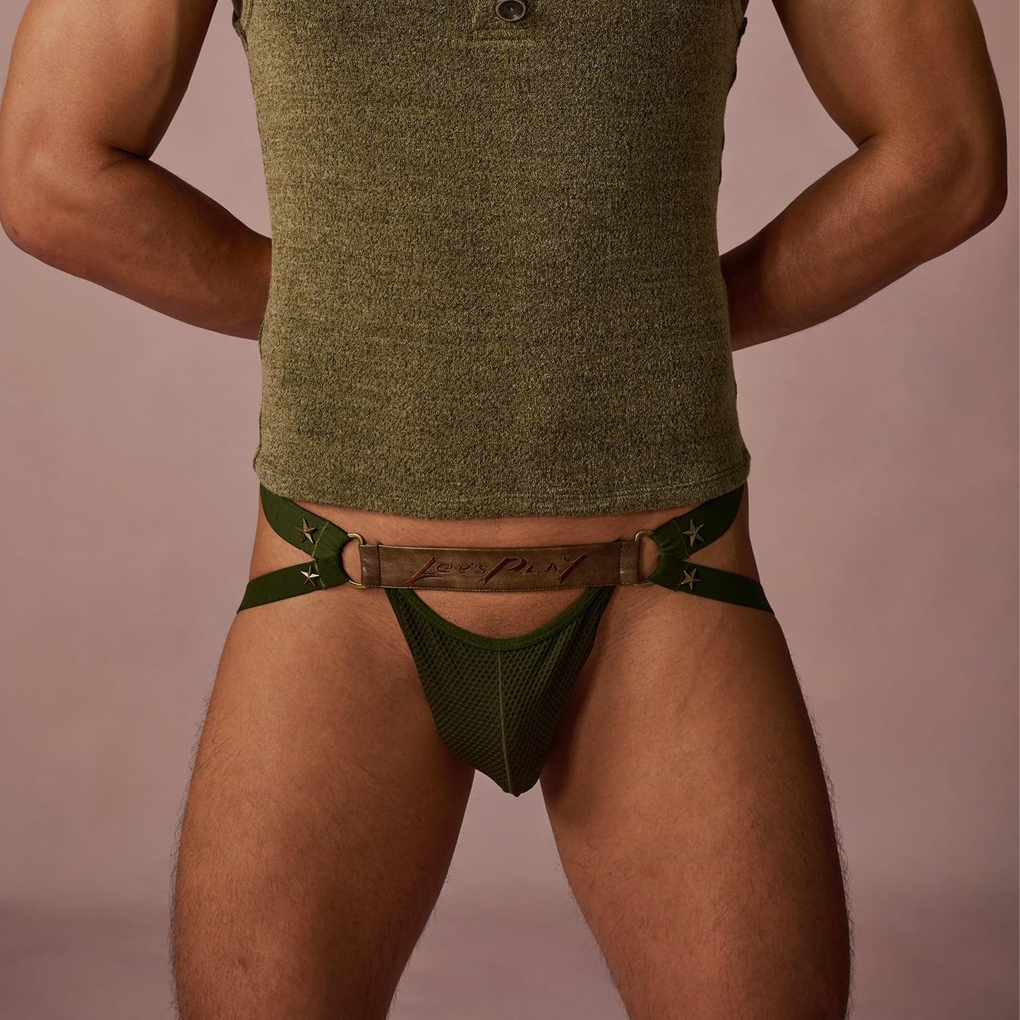 BSZN Men's Sexy Jockstrap, Star Rivet Leather Waistband Mesh Badge Pouch Mid Rise High Stretch Sexy Lingerie from A-Night Authority Collection Military Green
