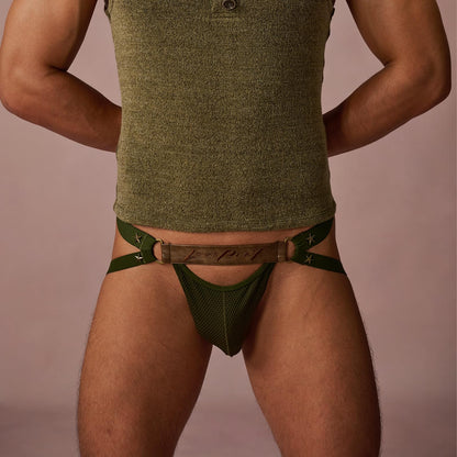 BSZN Men's Sexy Jockstrap, Star Rivet Leather Waistband Mesh Badge Pouch Mid Rise High Stretch Sexy Lingerie from A-Night Authority Collection Military Green
