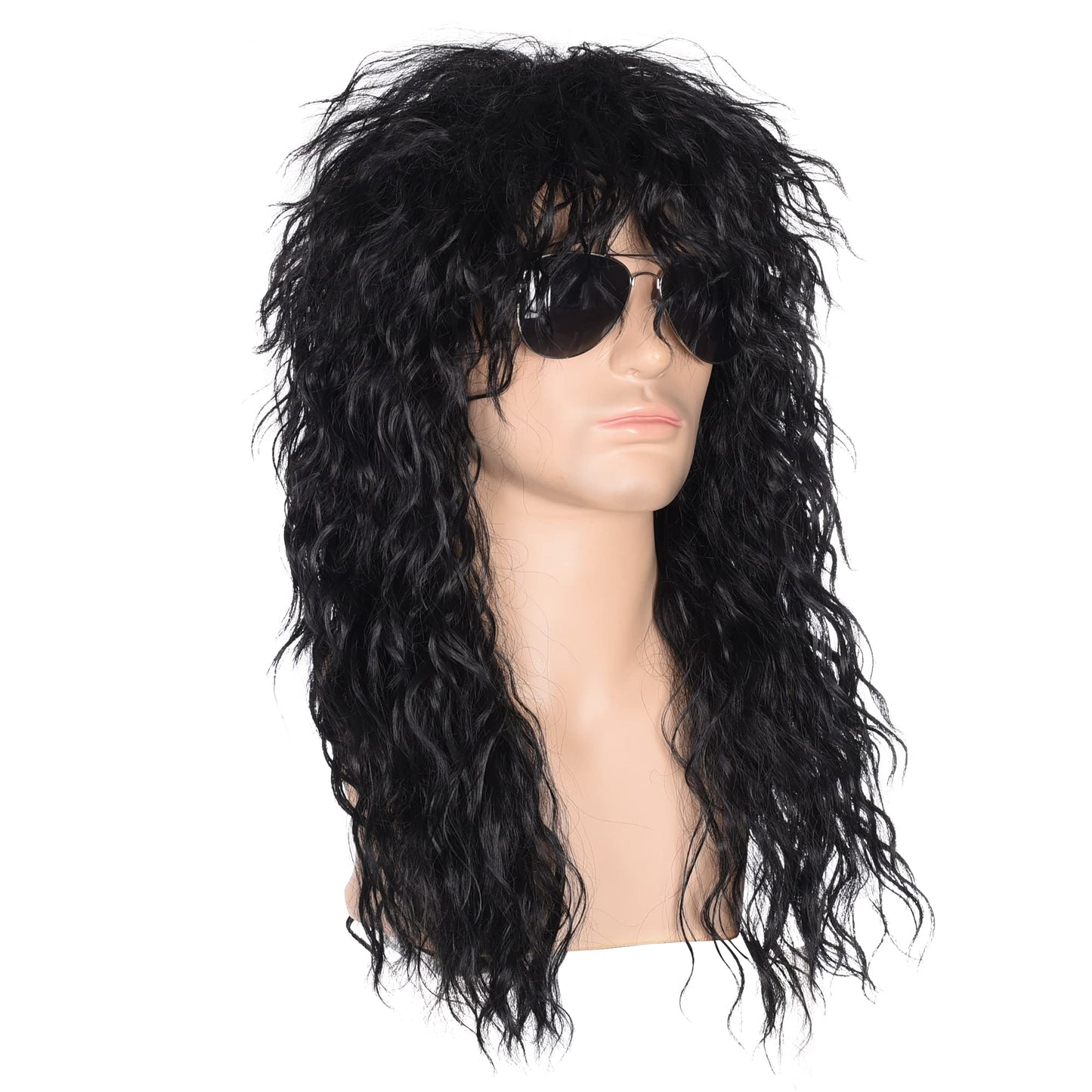Men’s 80s Style Long Black Curly Hair Wig Glam Rock-Rocker Wig Perfect for Halloween, Cosplay, DIY Themed Costume Party
