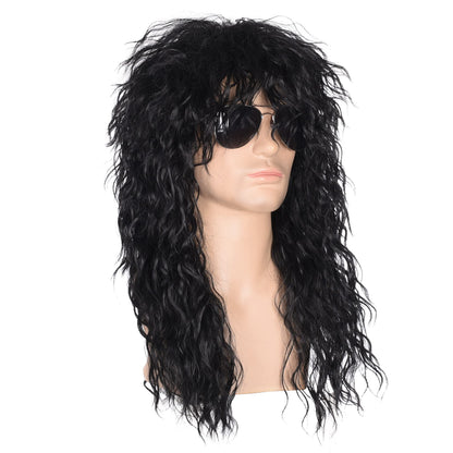 Men’s 80s Style Long Black Curly Hair Wig Glam Rock-Rocker Wig Perfect for Halloween, Cosplay, DIY Themed Costume Party