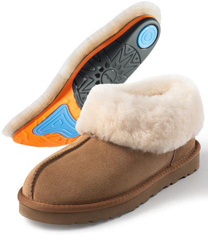 Sheepskin Slippers Womens with Arch Support: 100% Australian Shearling Lining & GEL Plantar Fasciitis Insoles - Thermal Winter Moccasin Boots for Men,Moms Nurses Indoor Outdoor - Chestnut Size 9