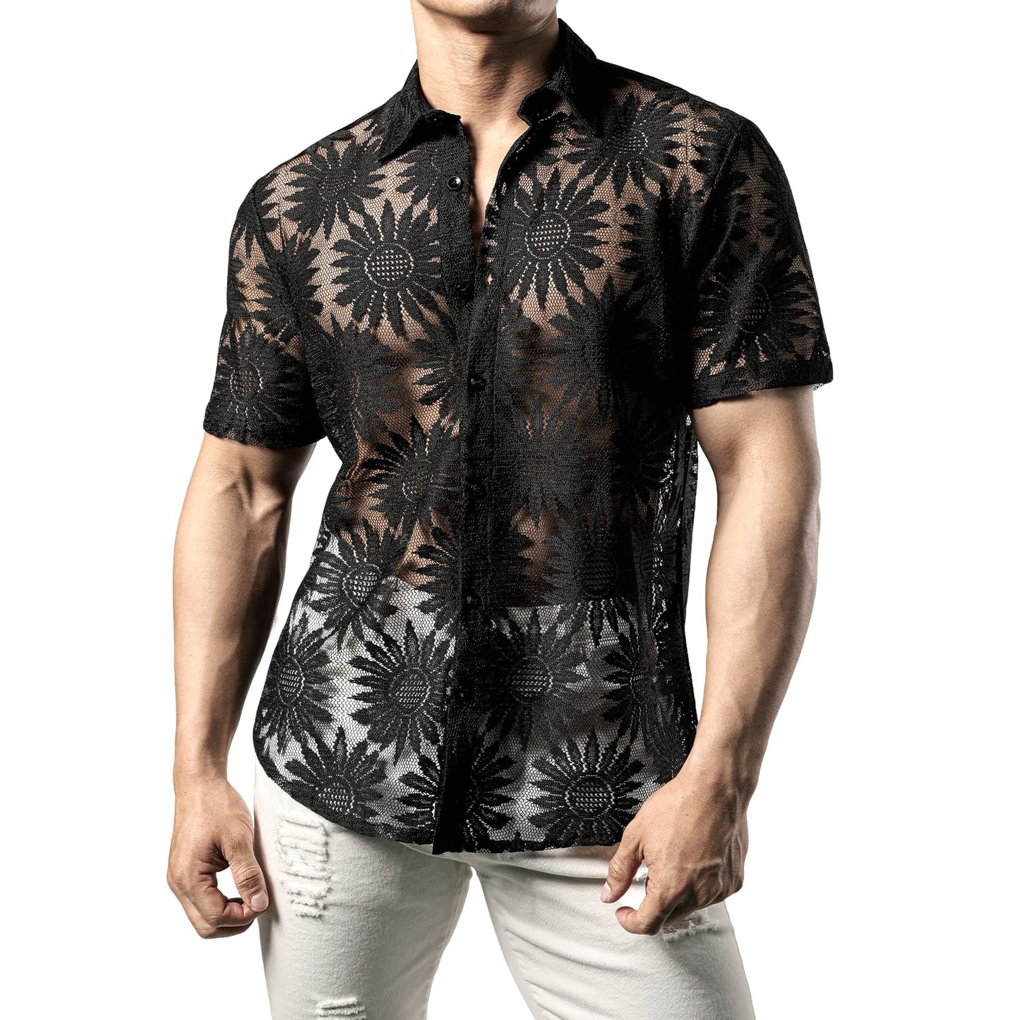 JOGAL Mens Floral Lace Shirt See Through Casual Button Down Shirts Dull Black X-Large