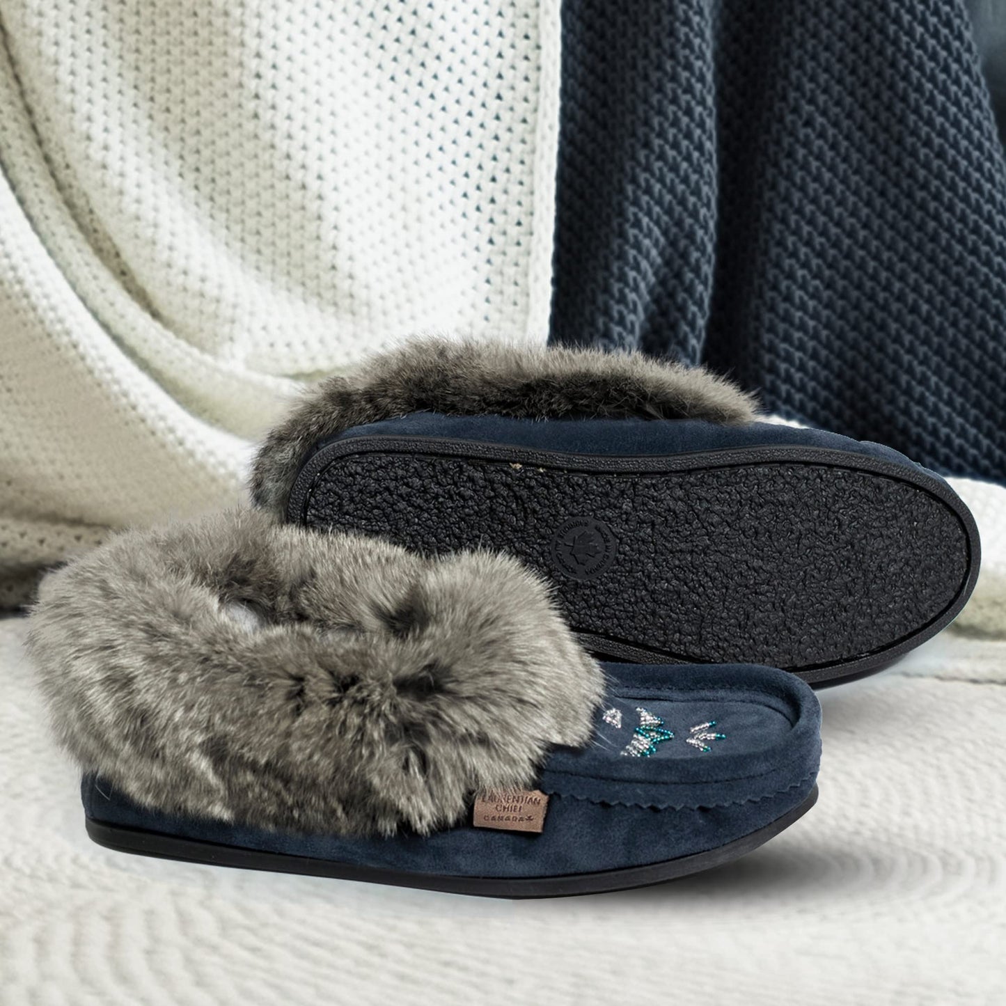 Laurentian Chief Moccasin Slippers for Woman - Orlon Beaded Slippers with Fur Trim and Padded Sole, Canada Quality Womens, Comfortable Stylish Indoor and Outdoor