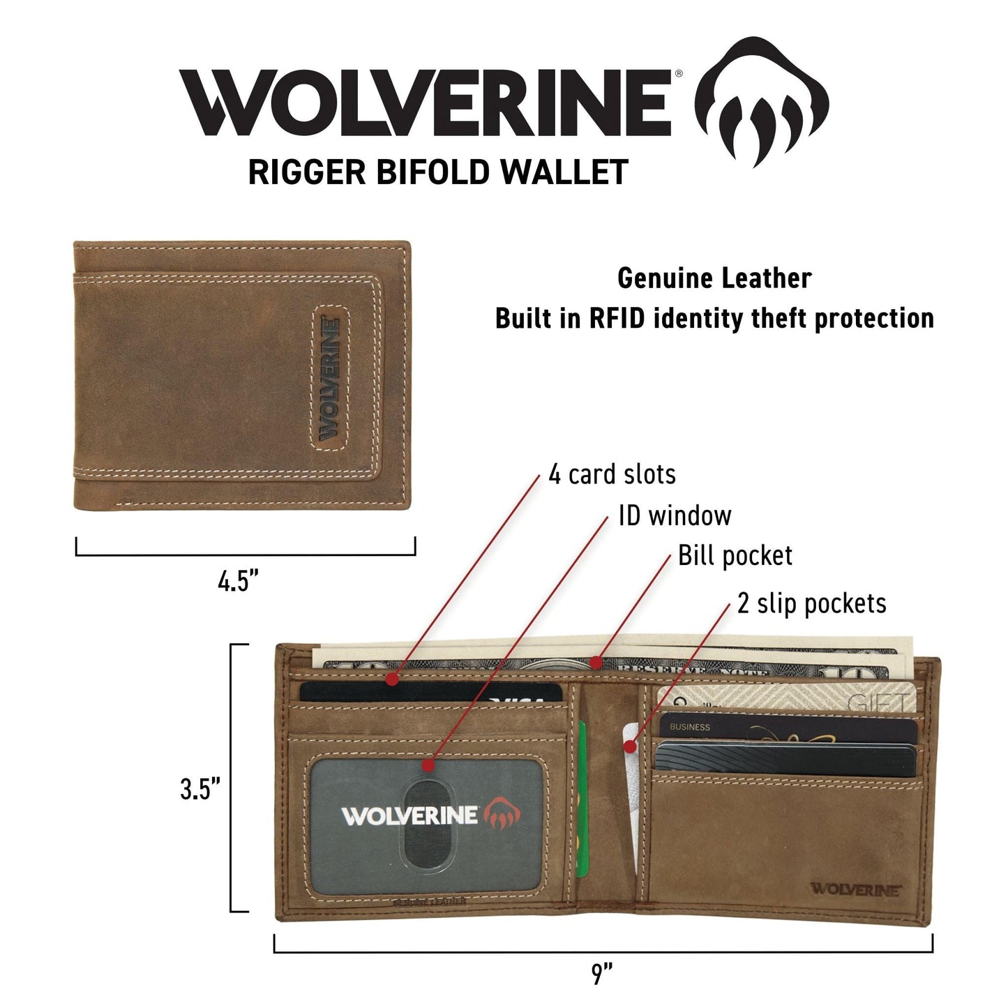 Wolverine Mens Rigger Bifold Wallet | RFID Protection | ID Window | Card Slots | Bill Pocket | Slip Pocket | Durable | Smooth Leather - Brown