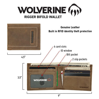 Wolverine Mens Rigger Bifold Wallet | RFID Protection | ID Window | Card Slots | Bill Pocket | Slip Pocket | Durable | Smooth Leather - Brown