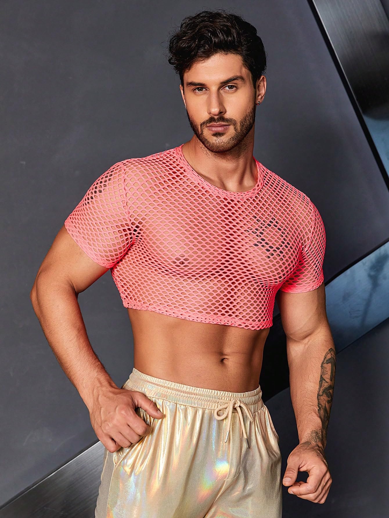 WDIRARA Men's Fishnet Mesh Tee Shirt Round Neck Short Sleeve Crop Top Hot Pink M