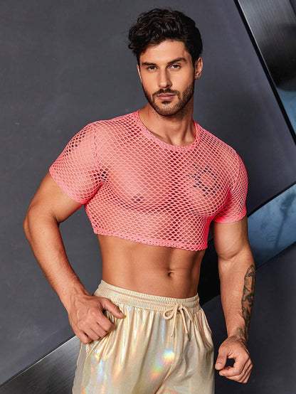 WDIRARA Men's Fishnet Mesh Tee Shirt Round Neck Short Sleeve Crop Top Hot Pink M
