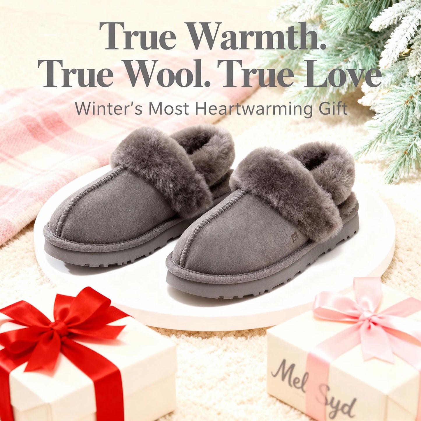 MelSyd Fuzzy House Slippers for Women: Genuine Australian Sheepskin - Secure Fit Footwear with Heel Straps - Cozy Slip On Slide in Winter Indoor/Outdoor - Gift for Birthday/Chritmas - Grey Size 8