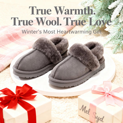 MelSyd Fuzzy House Slippers for Women: Genuine Australian Sheepskin - Secure Fit Footwear with Heel Straps - Cozy Slip On Slide in Winter Indoor/Outdoor - Gift for Birthday/Chritmas - Grey Size 8