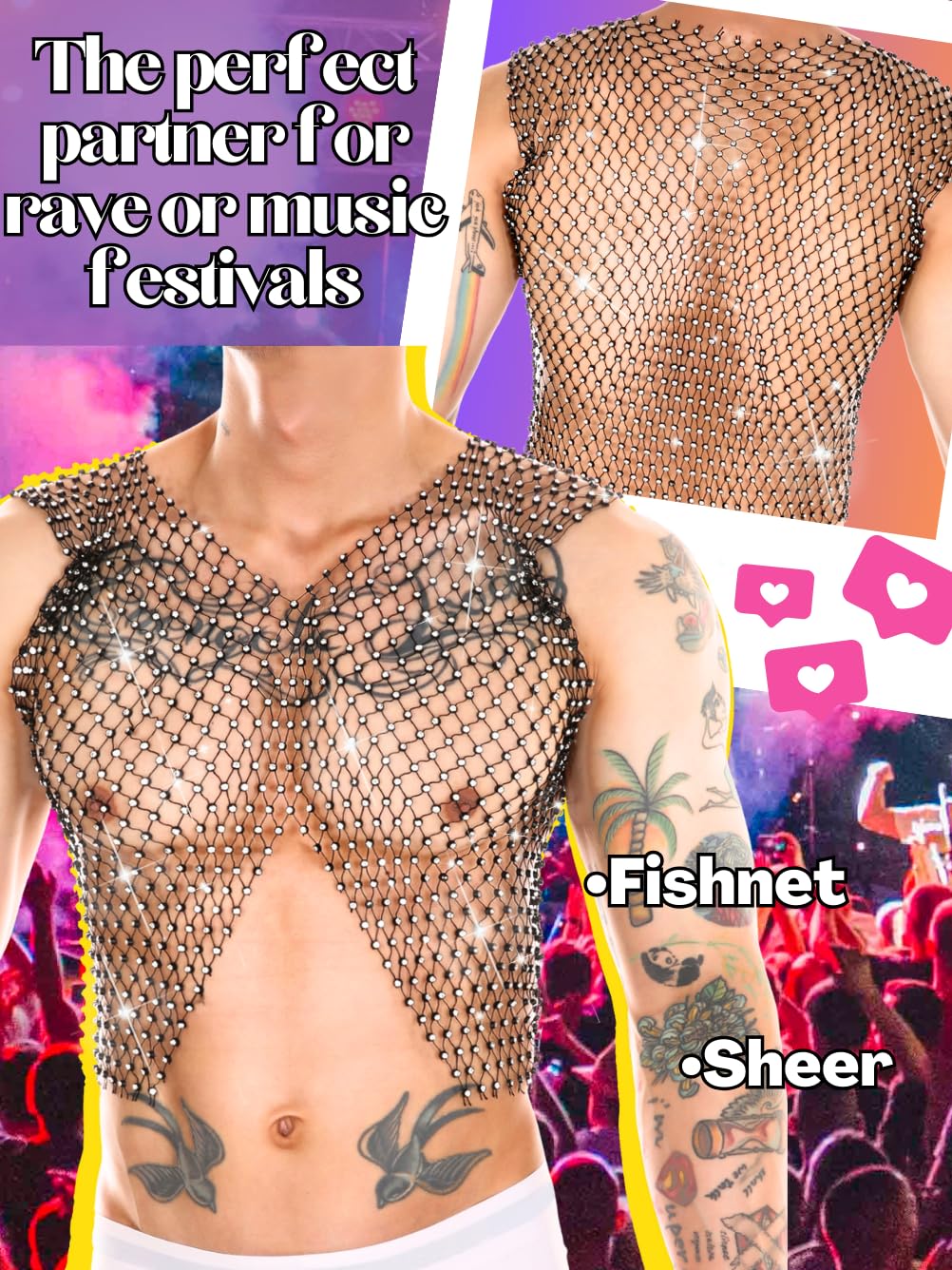 ChiaoLezhee Rhinestone Crop Tops for Men, Rave Outfits Concert Festival, Sexy Mesh Shirts, Sheer Sparkly Fishnet Tanks,Black,Small