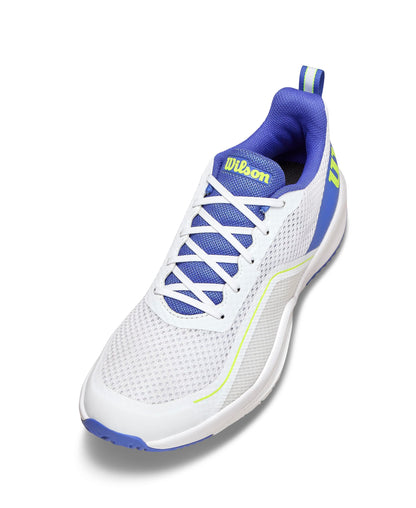 WILSON Rush Pro Lite Men's Tennis Shoes, White/Amparo Blue/Safety Yellow, 9.5