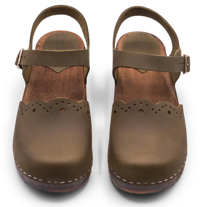 Sandgrens Handmade Swedish Wood Clogs for Women, Low Heel Sandal US 11-11.5 | Milan Olive Nubuck DK, EU 42