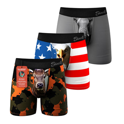 Shinesty Boxer Briefs For Men Pack of 3 - Hammock Support Pouch Underwear For Men - Medium, Deer Camo/Mascot/Elephant