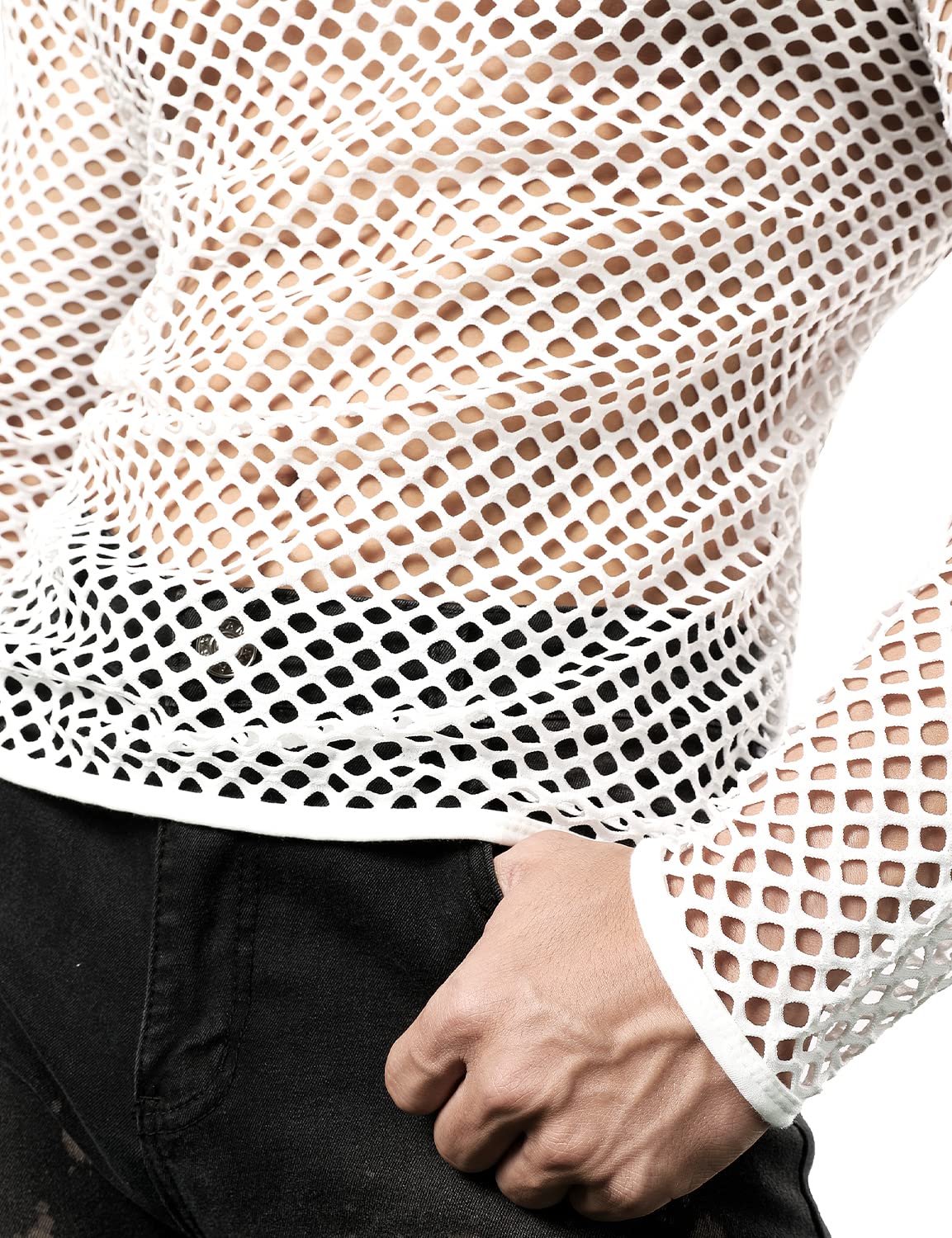 JOGAL Men's Mesh Fishnet Fitted Long Sleeve Muscle Top Medium WG04 White