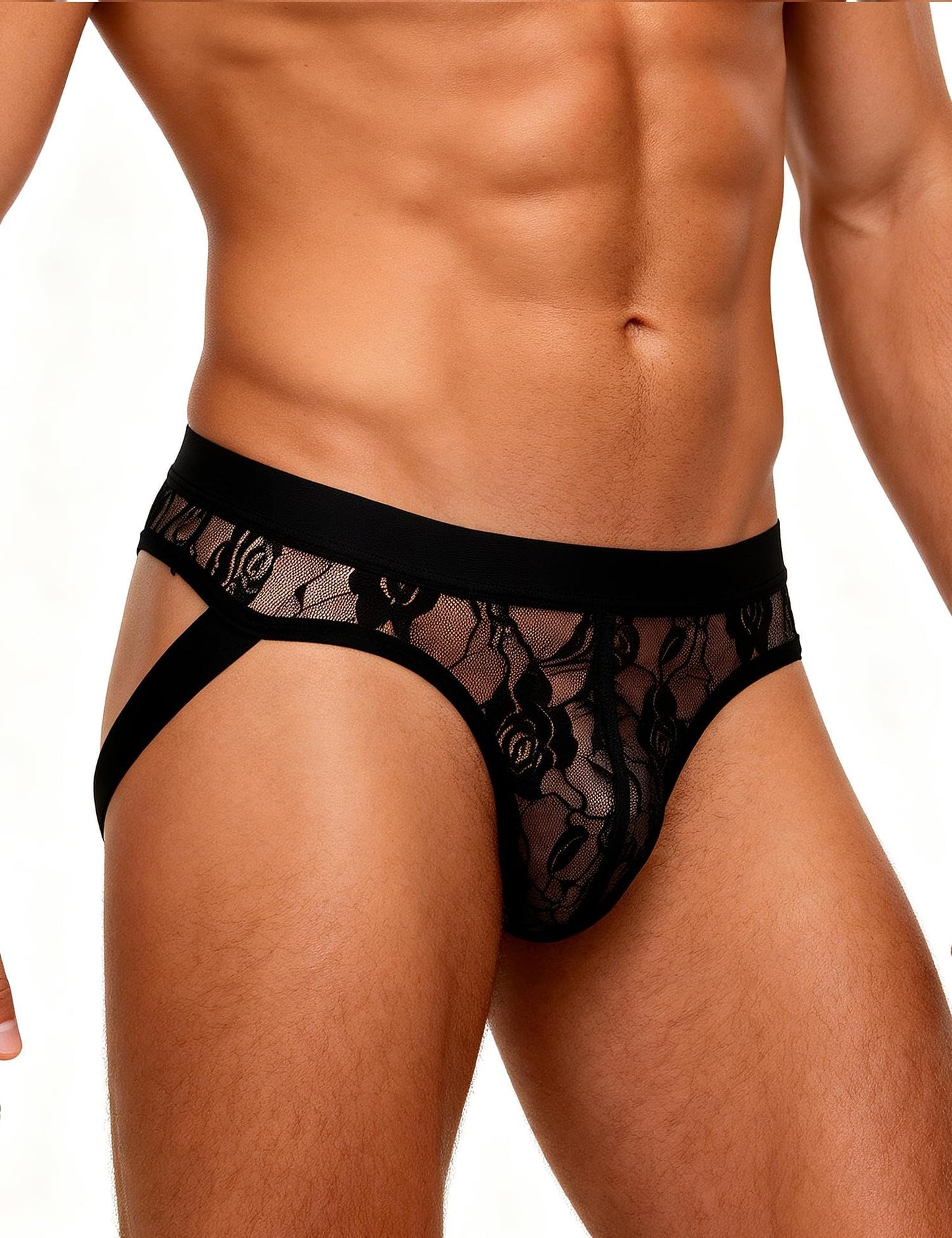 comeondear Mens Black Lace Jockstrap Sexy Underwear with 3D Pouch Elastic Thong G Strings Sheer Jock Straps for Men See Through Panties