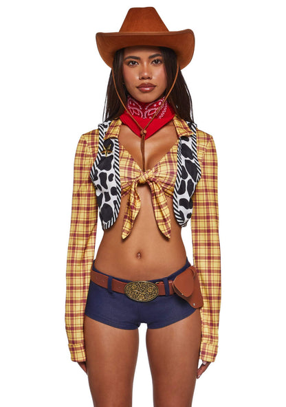 Dolls Kill Toy Cowboy Costume by Trickz N’ Treatz – Women’s Plaid Crop Top, Shorts, Belt, Bandana & Hat Set, X-Large